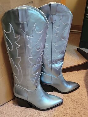 Metallic Blue Silver Western Knee-High Women's Boots